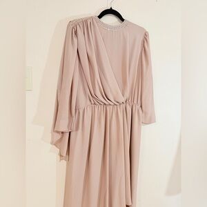 🇨🇦 Vintage Blush Beige Chiffon Beaded Neckline Dress | Made in Canada